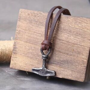 Brown Leather Cord Necklace with Hammer Pendant
